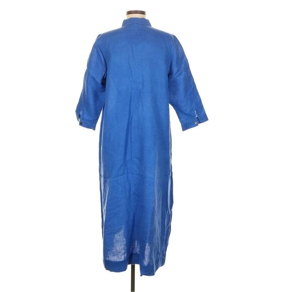 J. Jill LOVE LINEN Cobalt Blue 3/4 Sleeve Half Button Maxi Shirt Dress Pockets M - Picture 4 of 9